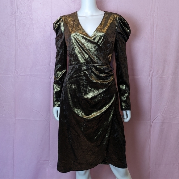 INC International Concepts Gold Crushed Velvet Puff Sleeve Faux Wrap Dress M - Picture 1 of 7